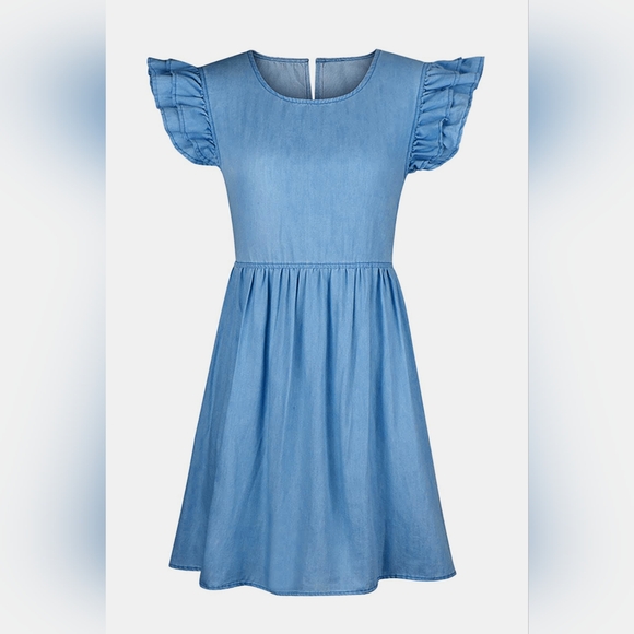 Full Size Ruffled Round Neck Cap Sleeve Denim Dress - Picture 2 of 5